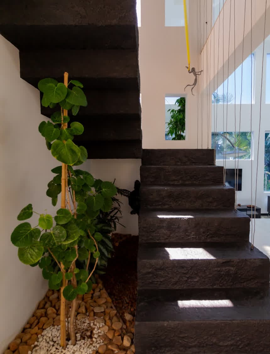 Escada interna escultural feita de material escuro com textura de pedra bruta. Um jardim de inverno com pedras e uma planta pau-d'água ocupa o vão sob os degraus, enquanto cabos de aço verticais servem como guarda-corpo minimalista.