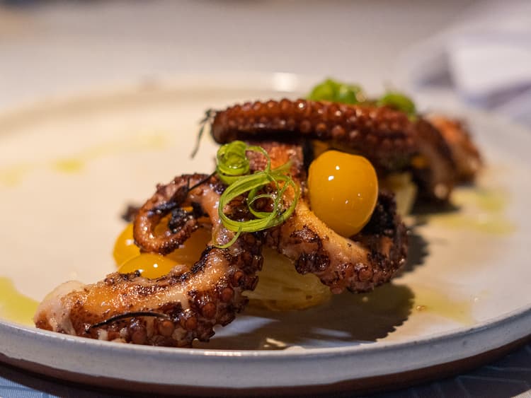 Polvo grelhado com tomatinhos amarelos e ervas no Kibo Restaurante do Kilombo Villas
