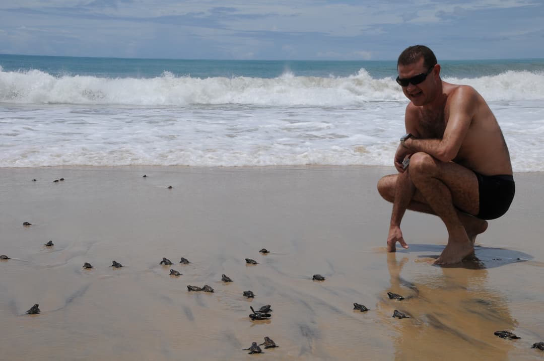 Hóspede agachado observando dezenas de filhotes de tartaruga marinha caminhando rumo ao mar em Sibaúma, Kilombo Villas